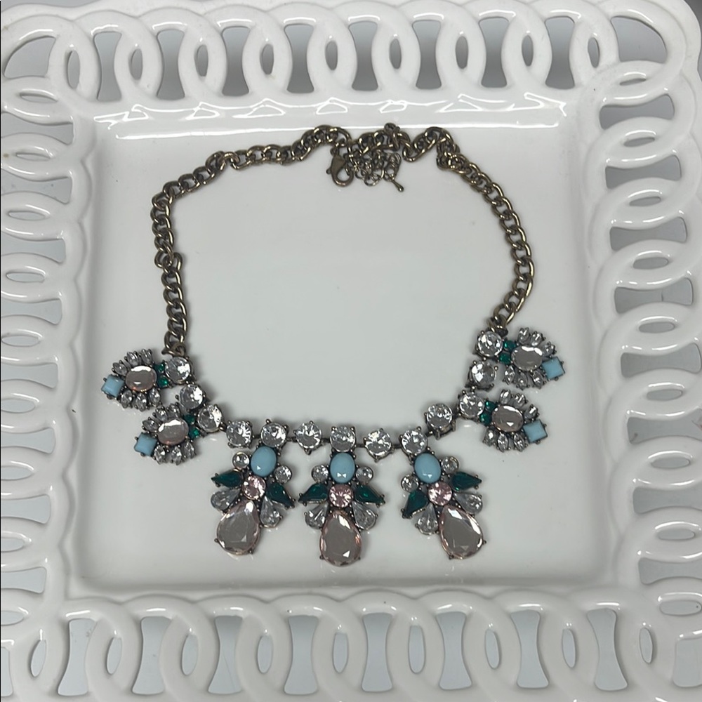 Gold and Silver Floral Gemstone Necklace with Crystal Accents